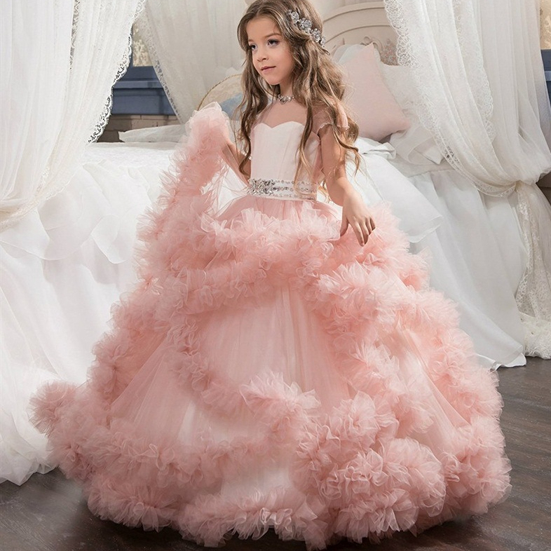 pink blue Girls Pageant Dresses Layer Champagne Ruffles Cute Flower Girl Dresses Spaghetti Strap Toddler Prom Dress Lace Ball Gown Wedding Dresses