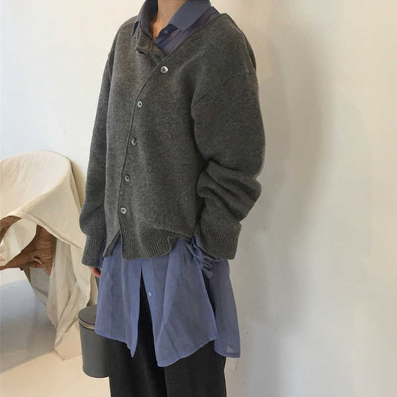 Yitimoky Khaki Cardigan for Women Sweater Irregular Knitted Oblique Single Breasted Fall Clothes Grey Casual Fashion 210914