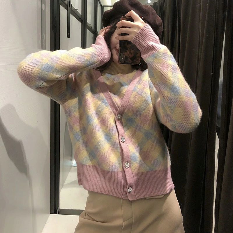 Women Sweet Diamond Plaid Girlish Style Sweater Female Single-Breasted Long Sleeves Cardigan Chic Top 210520