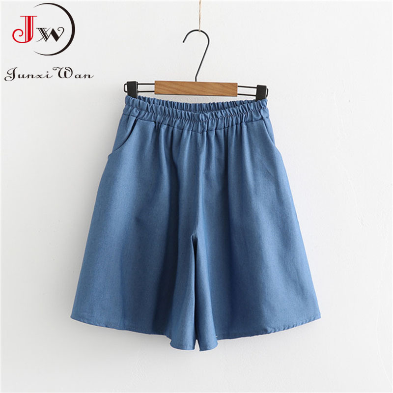Korean Fashion Women Denim Skirt Shorts Summer Solid Elastic Waist Loose Casual Five-Point Wide Leg Short Pants Jeans 210510