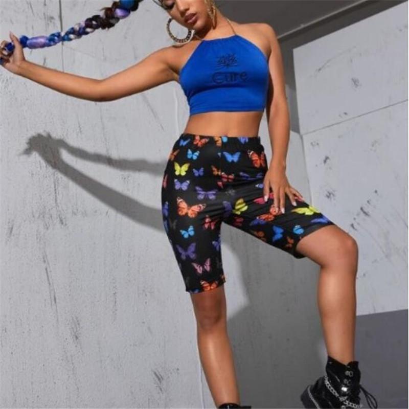 Women Trendy Butterfly Print Sport Biker Bag Hip Shorts Summer Jog Fitness Athletic Skinny Retro Stretchy Hop Women's