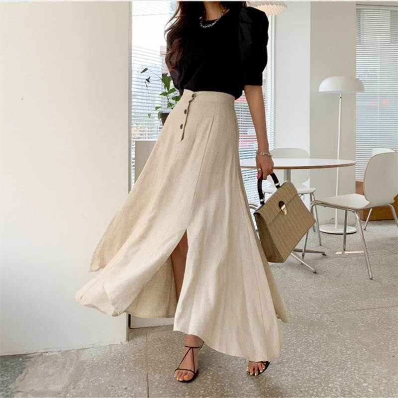 High Waist Skirts Womens Summer OL Elegant Vintage Stylish Solid Cotton Linen A-Line Irregular Split Long Skirt 210421
