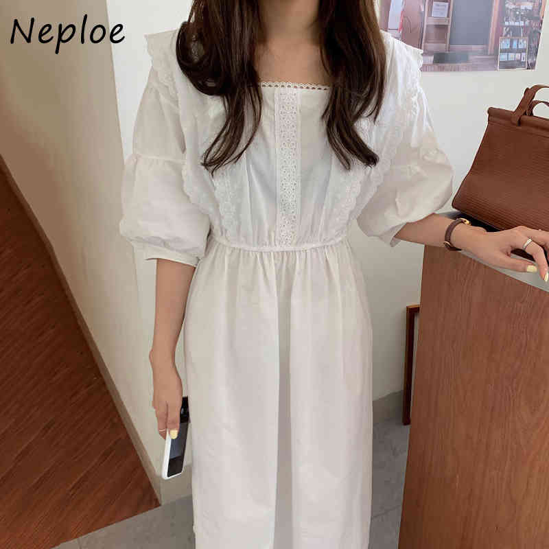 Court Style Lace Hook Flower Dress Women High Waist Hip A Line Long Vestidos Square Collar Sleeve Robe Spring 210422