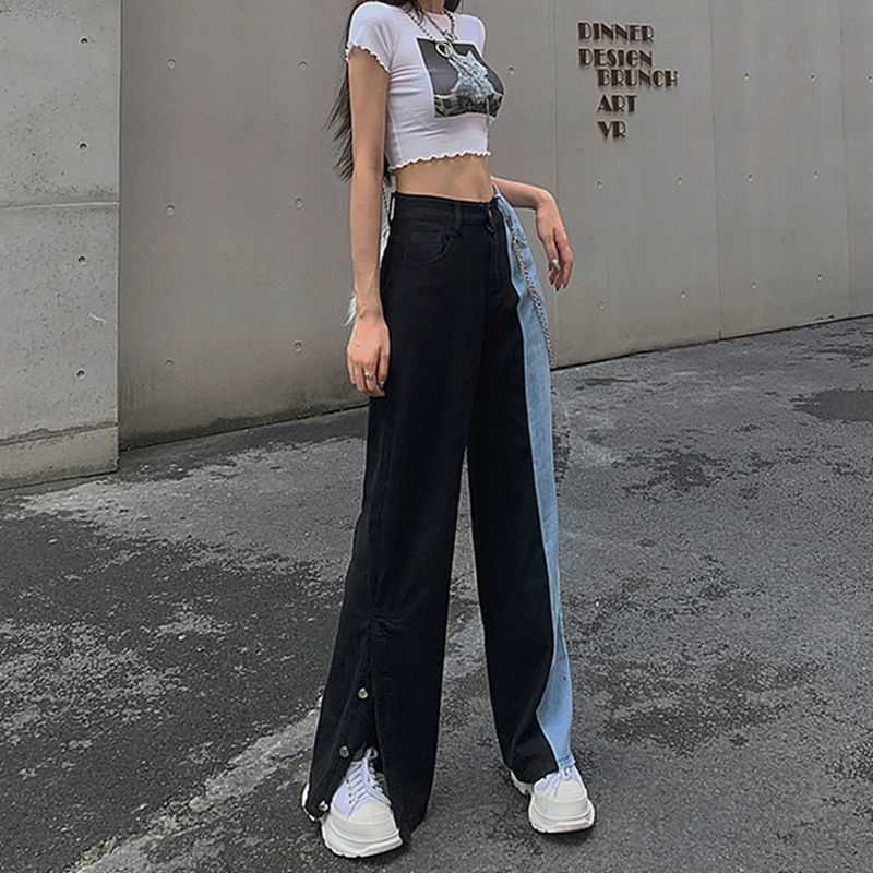 Vintage Jeans Woman Denim Long Pants Autumn Cowboy Female Loose Streetwear High Waist Women Trousers Split Clothes Wide Leg Jean 210922
