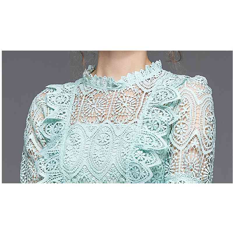 Fashion Summer Runway Women Lace Dress Ruffles Short Sleeve Hollow Out Party Vintage Mermaid Vestidos 210520