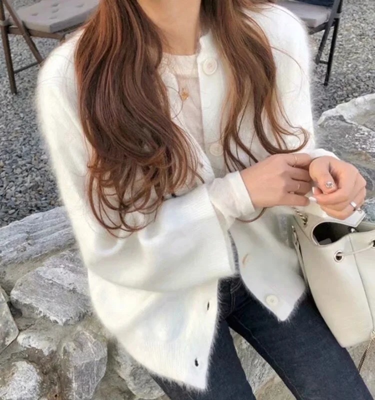 Autumn Korean Knitted Sweater Seet Cute Long Sleeve Warm Thick Elegant Cardigan Lady Fashion Slim Solid Chic Top 210521