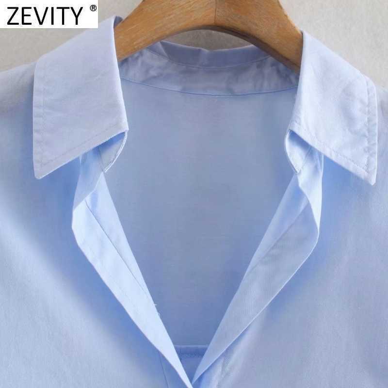 Zevity Women Simply Turn Down Collar Blue Shirts Office Lady Long Sleeve Business Blouse Roupas Chic Chemise Tops LS9373 210603