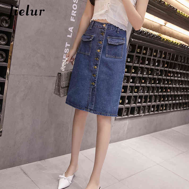 Jielur High Waist Denim Skirts Plus Size Buttons Pockets Classic Jeans Skirt for Women S-5XL Fashion Korean Elegant Jupe Femme 210408