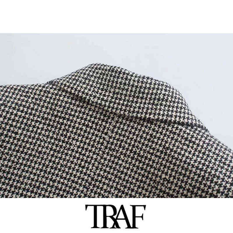 TRAF Women Fashion Houndstooth Fitted Blazer Coat Vintage Long Sleeve Flap Pockets Female Outerwear Chic Veste Femme 211122