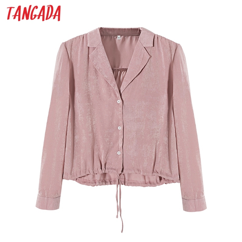 Women Pink Crop Long Sleeve Chic Female Casual Loose Shirt QJ124 210416