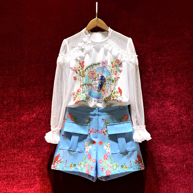 European and American women's summer 2021 new Long sleeve beaded print shirt Blue shorts Fashion suits, White
European and American women's summer 2021 new Long sleeve beaded print shirt Blue shorts Fashion suits, White