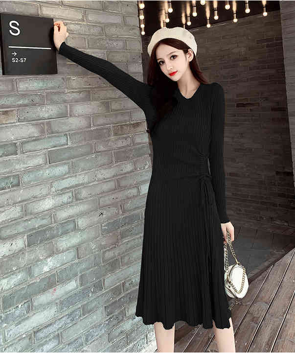 Solid O-Neck Woman Knitting Dress Autumn Winter Ribbon Long Sleeve Fashion Slim Women Midi Dresses D08203K 210416