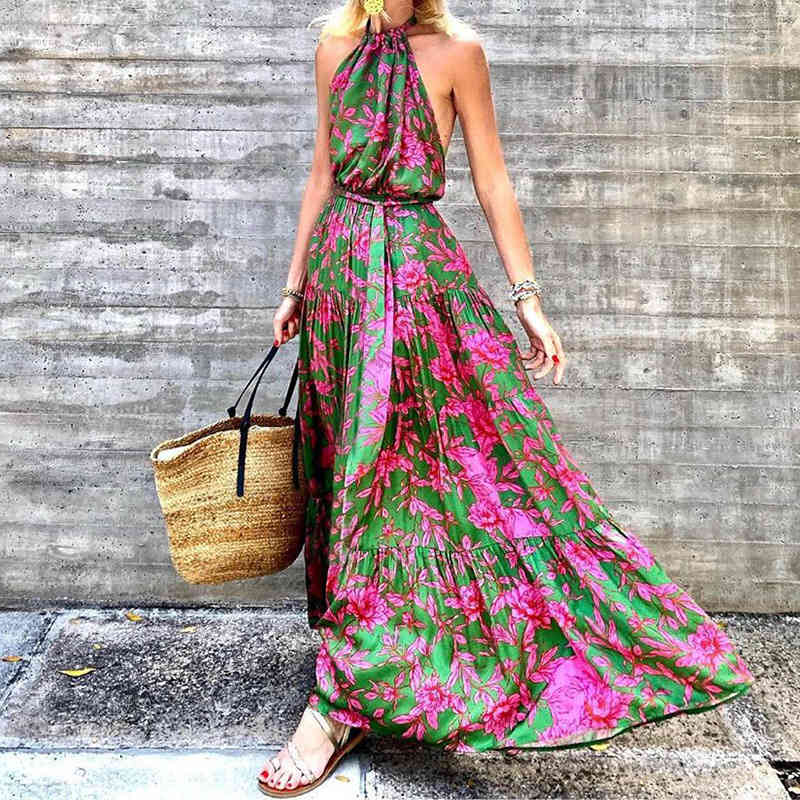 Women Dress Sleeveless Plus Size Print Dresses Vintage Sexy Long Flowers Summer Clothes Fashion 210513