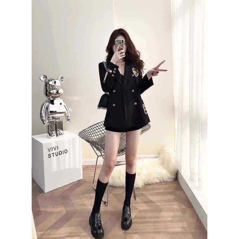 Korean Fashion Elegant Casual Slim Spring Autumn Women 2 Pieces Set Long Sleeve Pocket Harajuku Blazer Shorts Pants Woman 211122