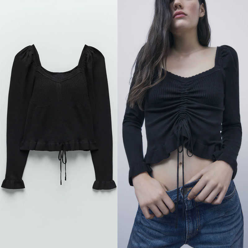 Za Ruched Knit Sweater Women Fashion Adjustable Drawstring Vintage Knitted Top Female Long Sleeve Winter Pullover 210602