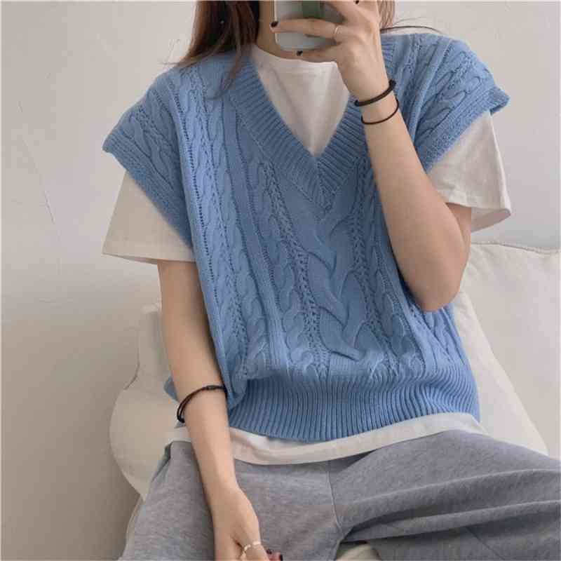 Women Vest Sweater Fashion Knitted Loose Vintage Female Twist Waistcoat Chic Tops All Match Clothes Outfit 210422
