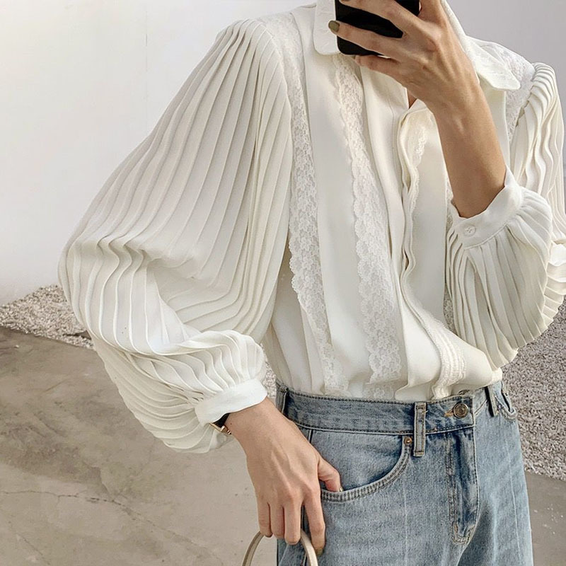 Spring Fashion Lace Shirts Lapel Lady's Top Creamy-white Pleated Long Sleeve Blouse Women Elegant Female 12637 210427