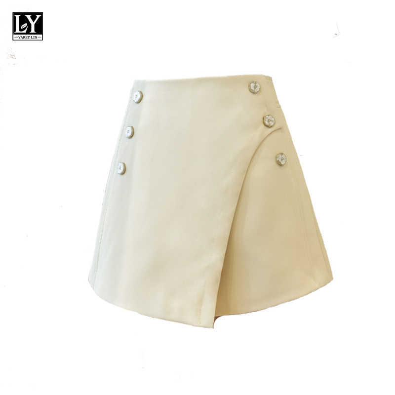 LY VAREY LIN Summer Women Loose Streetwear Asymmetrical Solid Lady Shorts Wide Leg High Waist Button Casual Black 210526