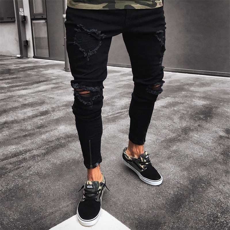 Fashion Men Ripped Biker Jeans streetwear Slim Denim Pants Elastic Skinny Destroyed Hip hop Zip black Jeans Casual Trousers
