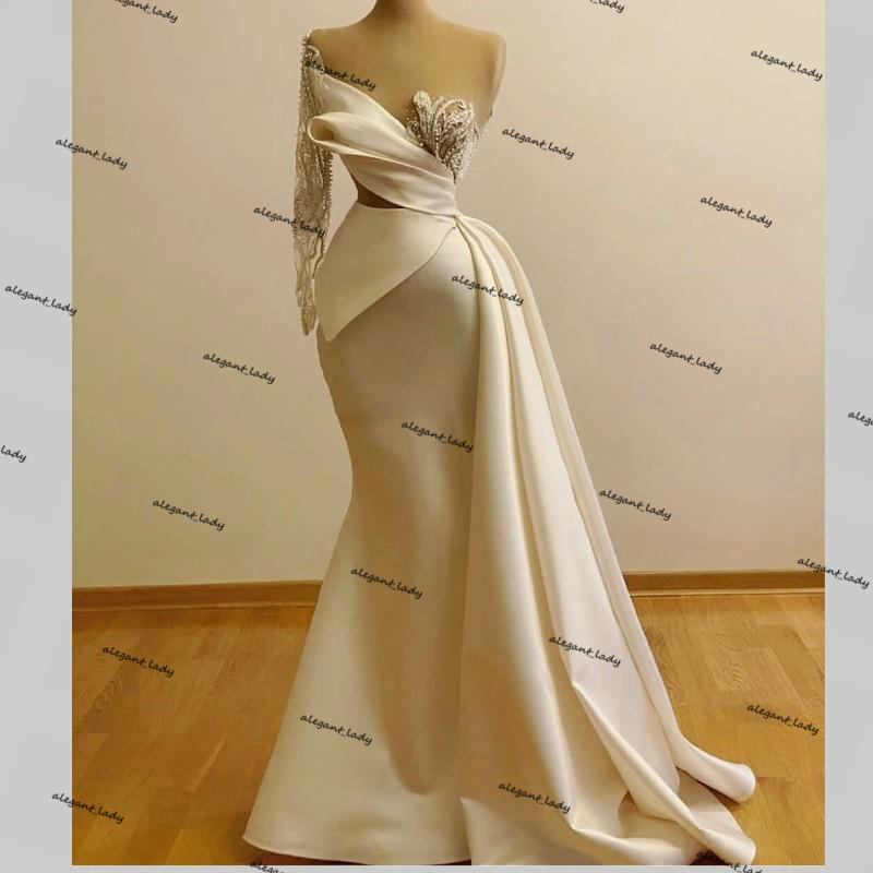 Beading Mermaid Evening Dresses real image white One Shoulder Long Sleeve Cutaway Sides Prom Dress Runway Party Gowns