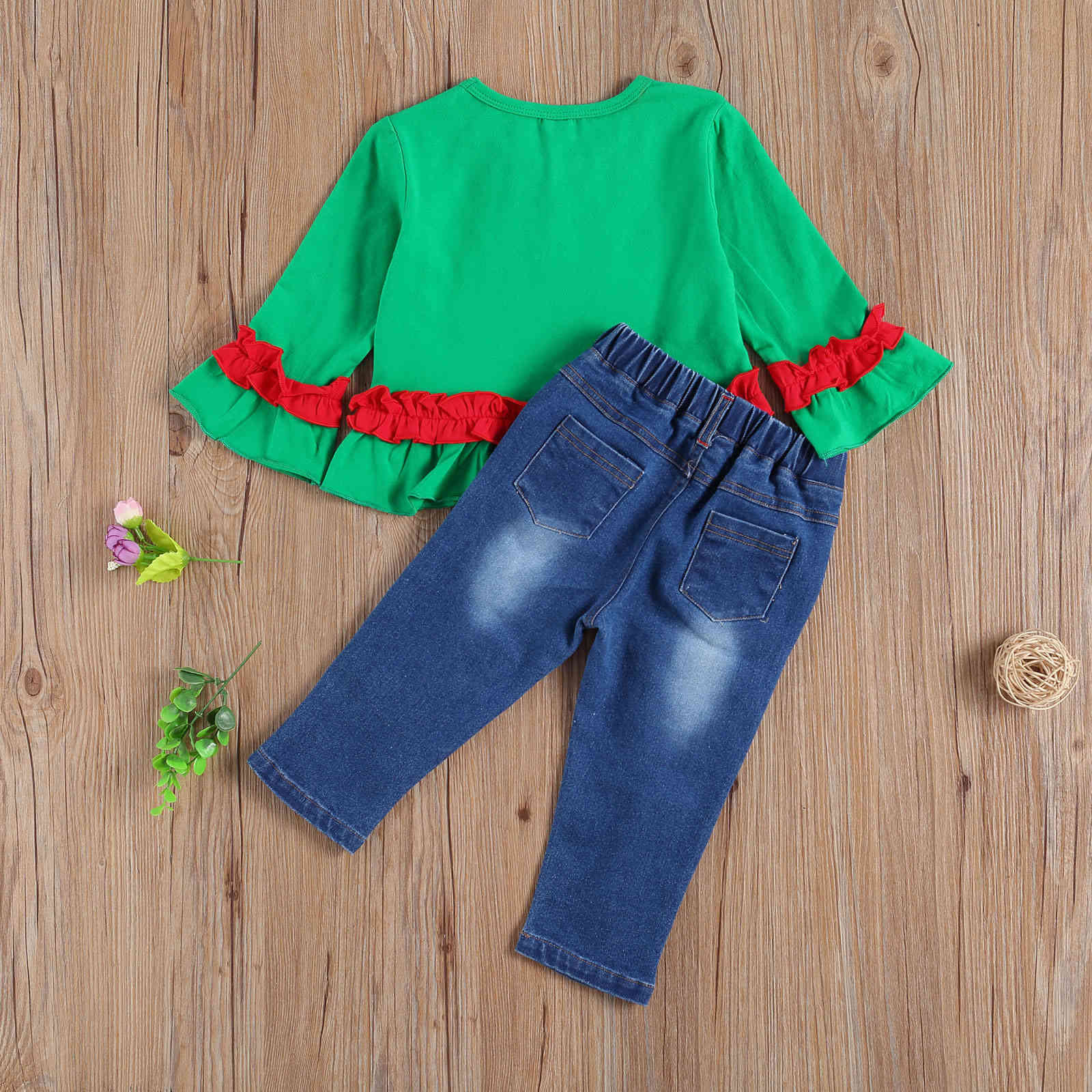 1-6Y Christmas Toddler Kid Girls Clothing Set Green Long Sleeve Santa Tops Denim Pants Outfits Xmas Child 210515