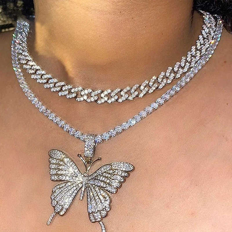 LATS Punk Cuban Double Layer Big Butterfly Pendant Necklace Full Rhinestone Gold Color Choker Thick Chain Necklace Women Jewelry Y0528