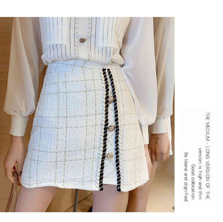 Fashion 2 Piece Set Autumn Women Chiffon Patchwork Long Sleeve Knit Top + High Waist Plaid Tweed Mini Skirt Suit 210519