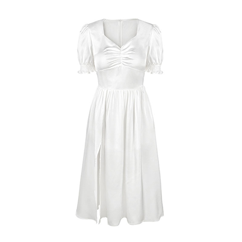 French Sexy Split Dress Spring Office Lady Casual Puff Sleeve Party Elegant Ruffle es Fashion Women 13261 210510