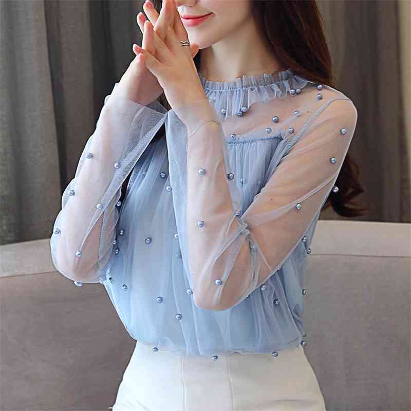 Lace Sexy Women Blouses Shirts Autumn Long Sleeve Blouse Bead Fashion Chiffon Elegant Tops Sweet Female Blusas 0863 30 210506