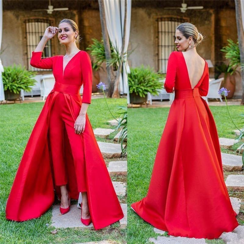 Women Red Jumpsuits Elegant Formal Evening Dresses With Detachable Train 2022 Stain V Neck Long Sleeve Outfit Arabic Prom Gowns Pant Suits Special Occ