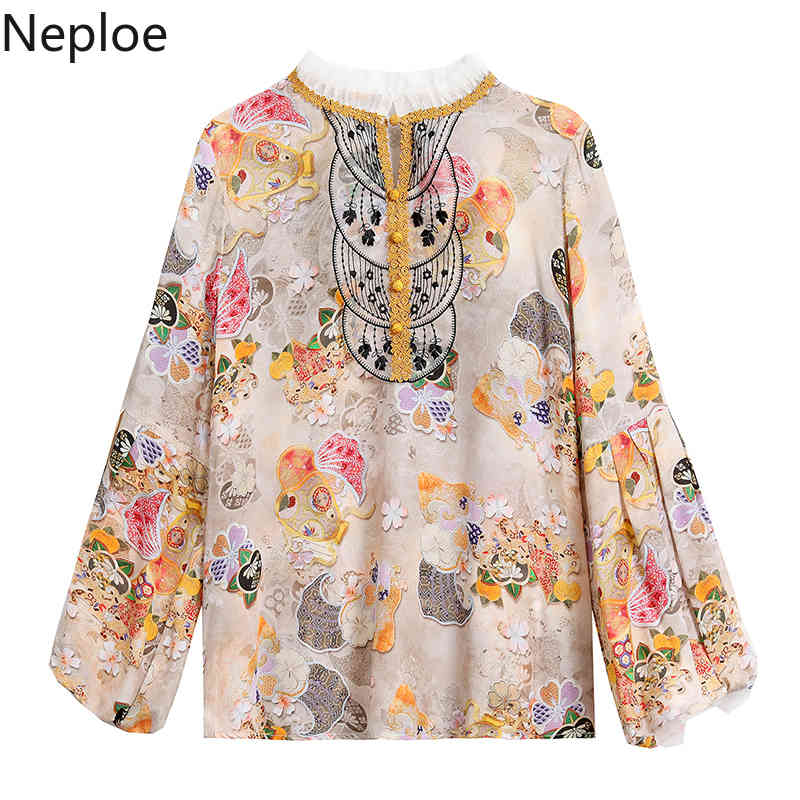 Neploe Vintage Blusas Mujer Print Chiffon Shirt Spring Loose Tops Stand Neck Lantern Long Sleeve Shirt Fashion Blouses Women 210422
