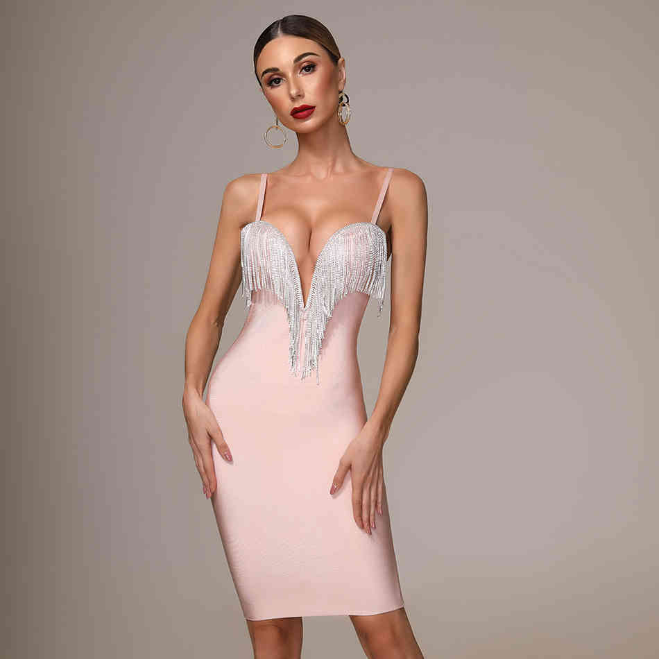 Summer New Women's Fashion Sexy Bandage Dress Blue White Pink Black Spaghetti V-neck Tassel Party Christmas Dress 210409