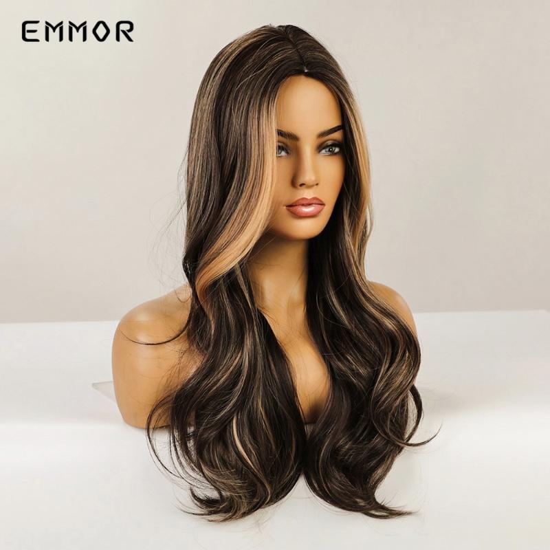 Synthetic Wigs Emmor Natural Long Middle Part Hair Wig Black Brown With Blonde Cosplay Wavy Fashion Heat Resistant For Women
