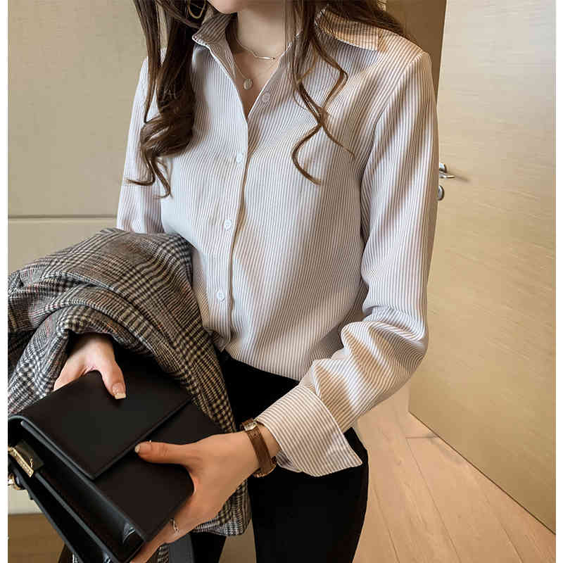 Korean Style Work Office Lady Shirt Tops Fashion Striped Women Long Sleeve Turn Down Collar Autumn Blouses 7459 50 210506