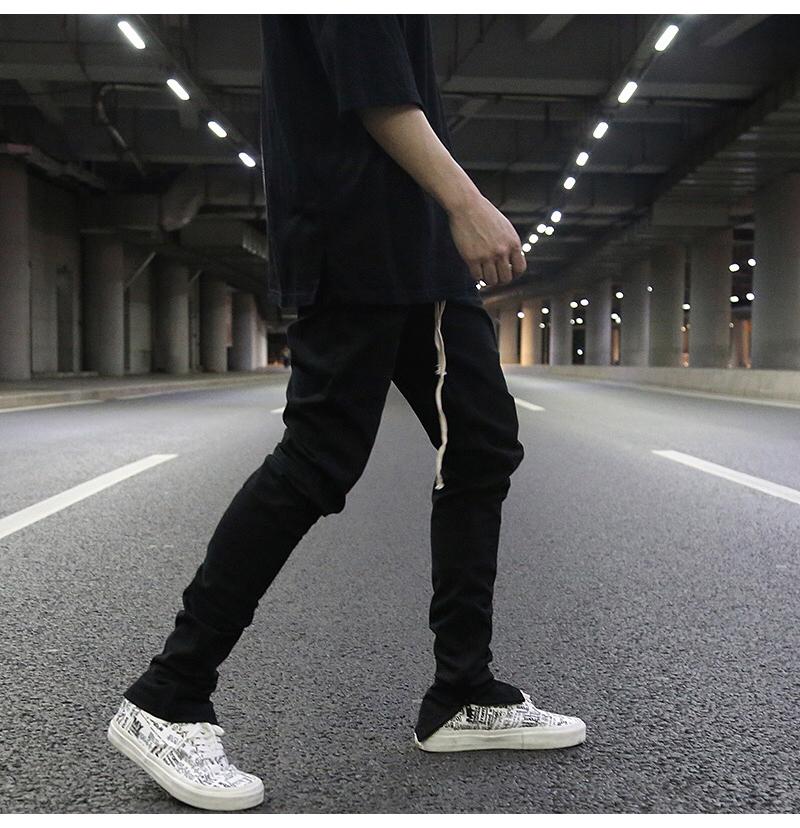 The Same Drawstring Lengthened Black All-match Zipper Slim Stretch Foot Pants High Street Fashion Brand Casual Men's
