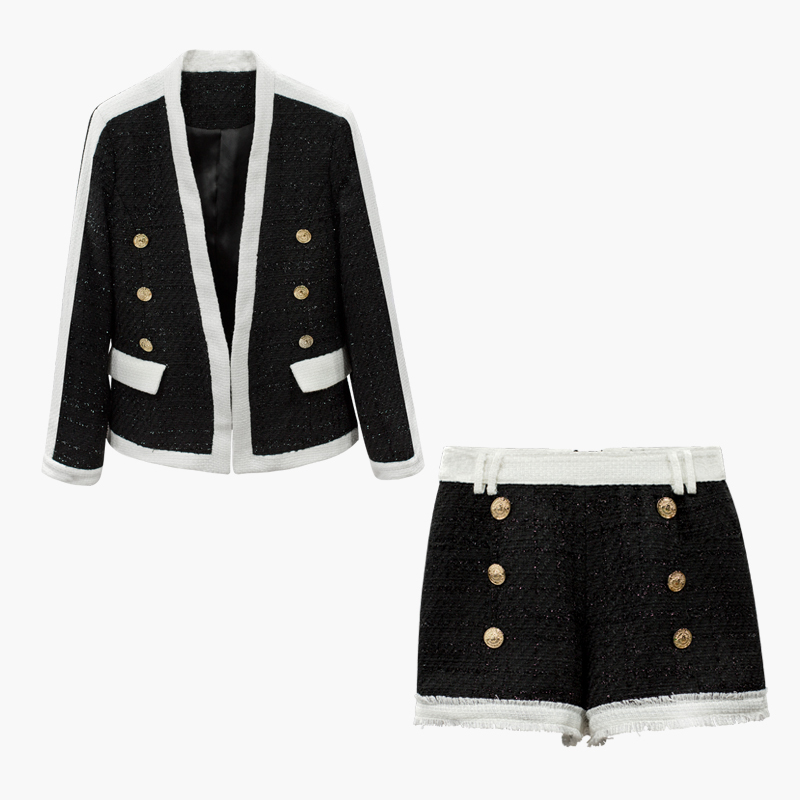 HIGH STREET est Fashion Runway Suit Set Women's Lion Buttons Color Block Tweed Blazer Jacket Shorts 210521