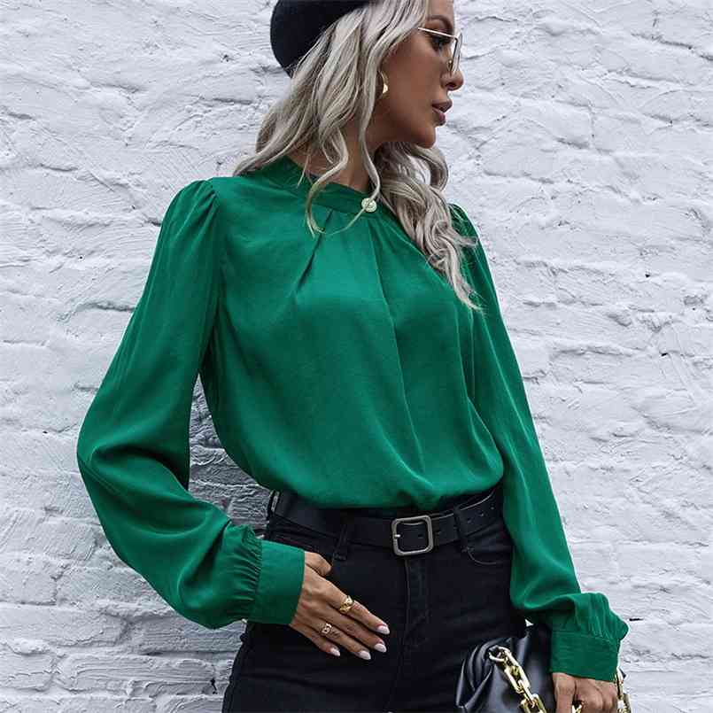 Fashion loose elegant pearl button shirt tops for women autumn and summer womens clothes Solid blouse Office Lady s 210508