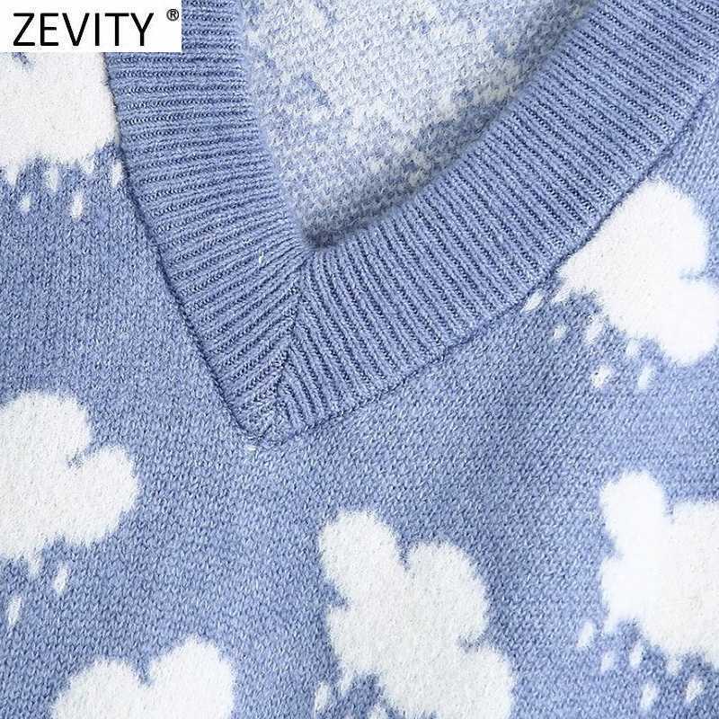 Zevity Women Fashion V Neck Cloud Pattern Knitting Sweater Female Sleeveless Casual Slim Vest Chic Leisure Pullovers Tops S669 210918