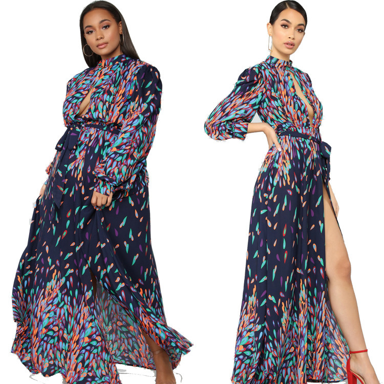 Women Dress Stand Collar Hollow Out Printed Sexy es Temperament Maxi Split Loose Long Summer es 210513