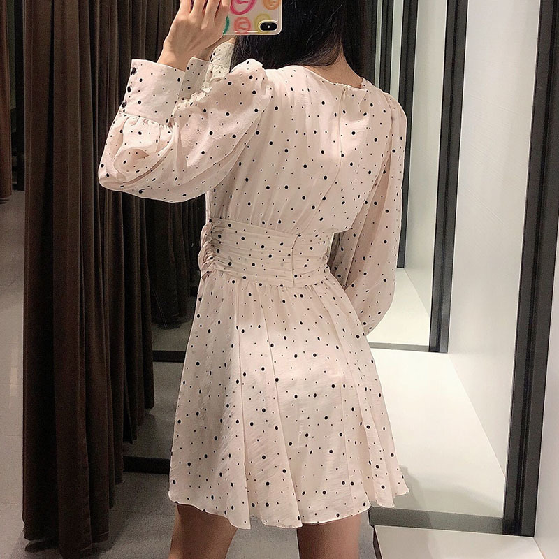 Casual Dot Dress V Neck Elegant Mini Long Sleeve Bandage Pleated Chiffon Women Summer Autumn Vestidos Mujer 210515