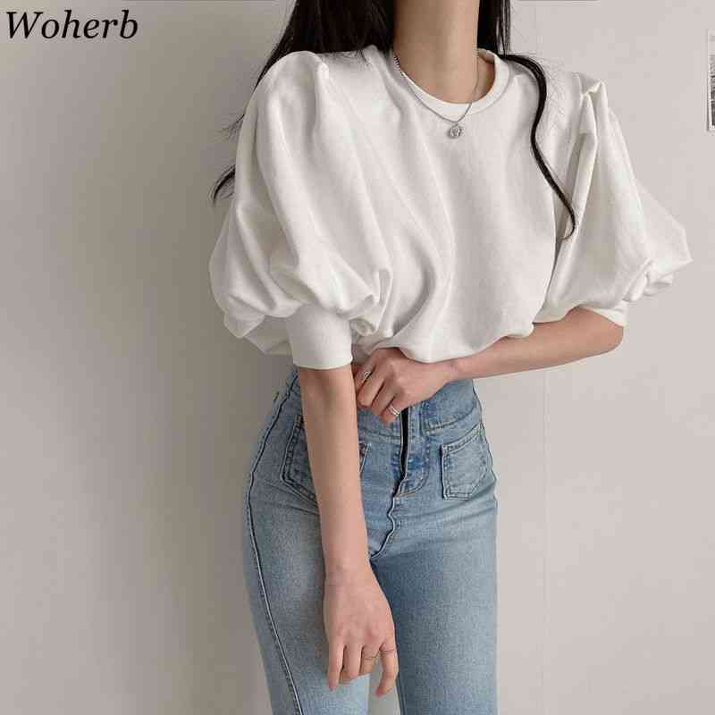 Summer T-shirt Women Lantern Sleeve Fashion Woman Tshirts O-neck Casual All Match Elegant Korean Crop Tops Femme 210519