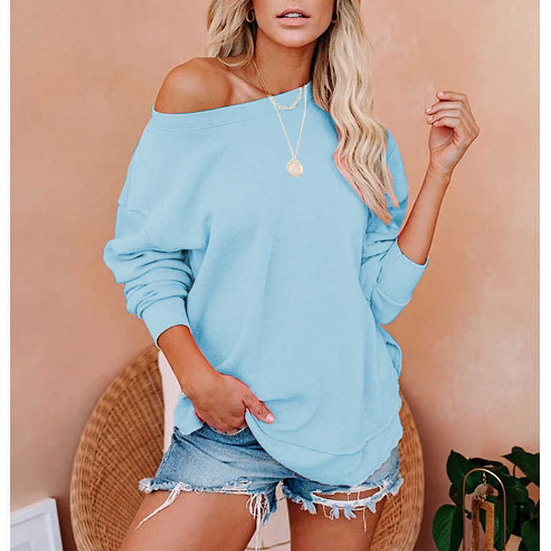 Women Sexy One Shoulder Sweatshirts Autumn Winter Casual Solid Long Sleeve Loose Hoodies 9 Colors Pullovers Tops Plus Size 210526