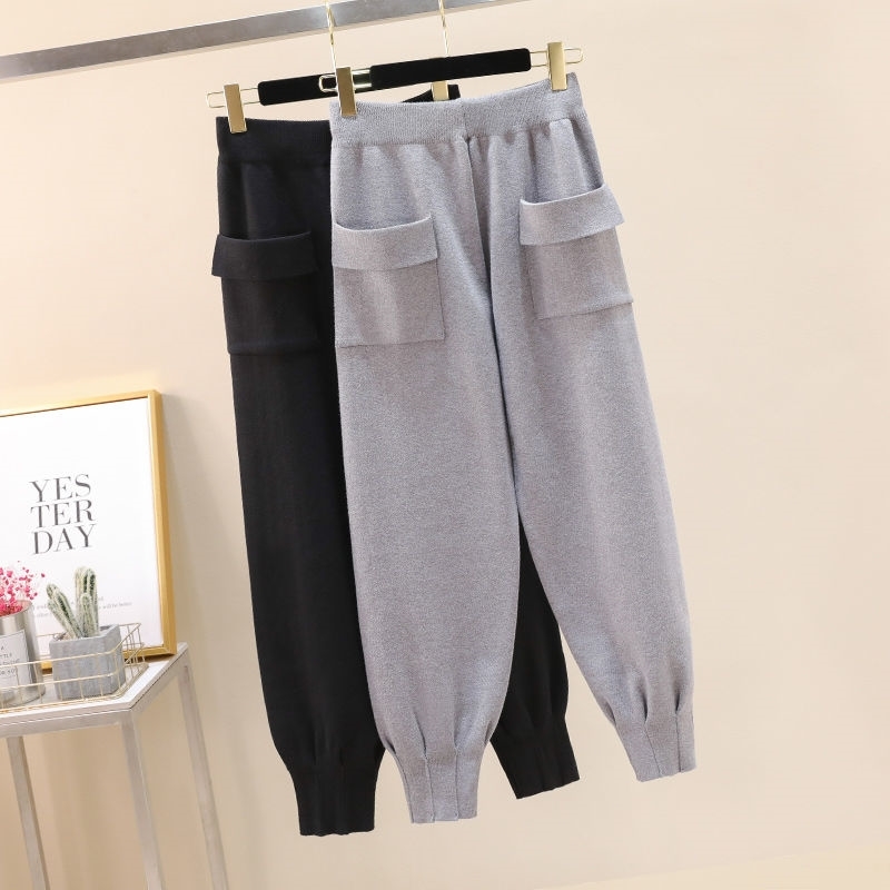 Nomikuma Spring Autumn Knitted Harem Pants Korean Double Pockets Solid Causal Ankle Trousers New Women Sweater Pants 6E258 210427