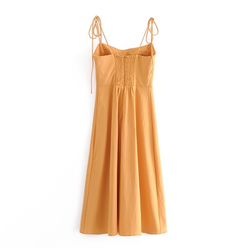 French Solid Orange Bandage Spaghetti Strap Midi Dress Retro Sexy Women Lacing Up Sling Slit Summer Vestido 210429
