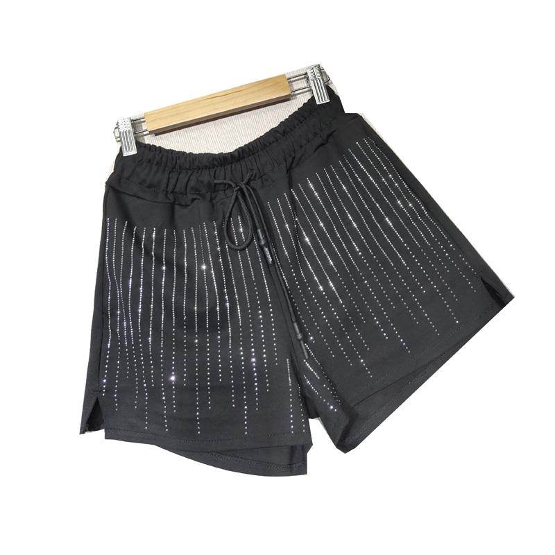 Plus Size Shorts Woman Style Spring Autumn Large Vertical Stripe Drilling Diamond Slit Elastic Waist Short Women's
