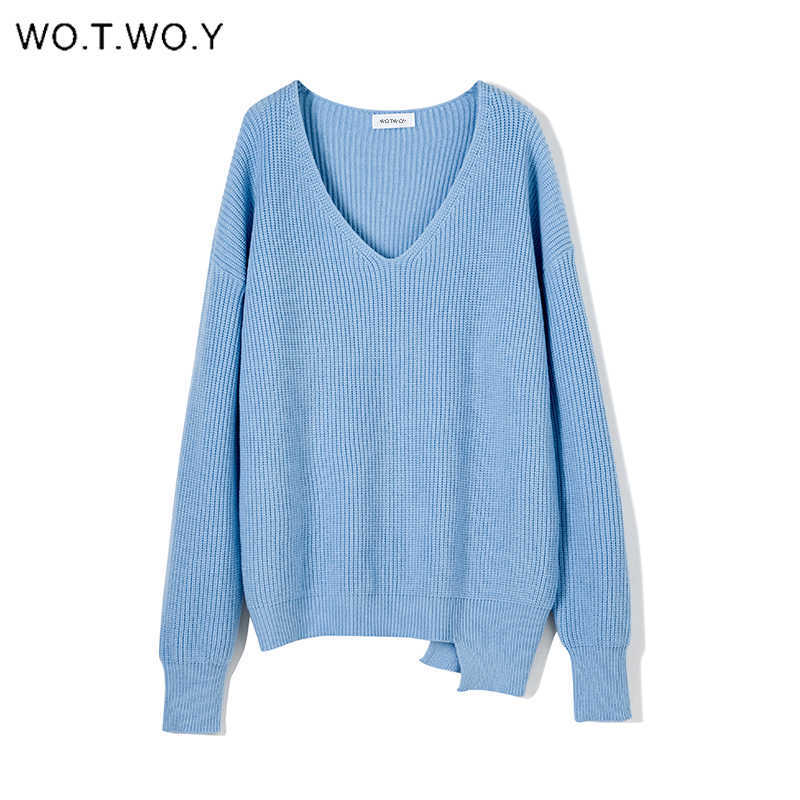 WOTWOY V-neck Knitted Oversized Sweater Autumn Winter Long Sleeve Basic Sweater White Casual Loose Pullovers Female 210914
