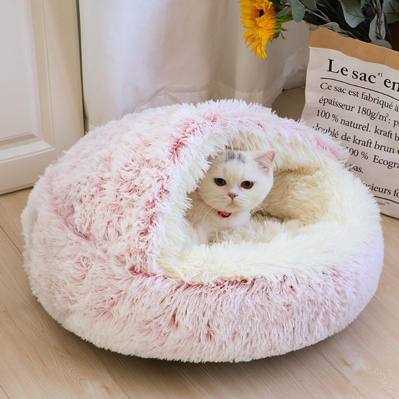 Stock Cat Beds & Furniture Plush Pet Dog Bed House Warm Round Kitten Semi-enclosed Winter Nest Kennel Cats Sofa Mat Basket Sleeping Bag