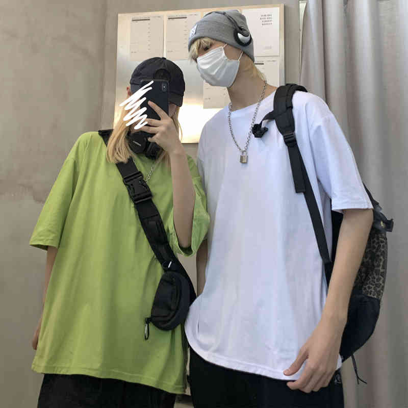 Cotton Fashion Loose All Match Plus Size Men Korean Chic Women Solid Oversize Brief Streetwear T-shirt 210421