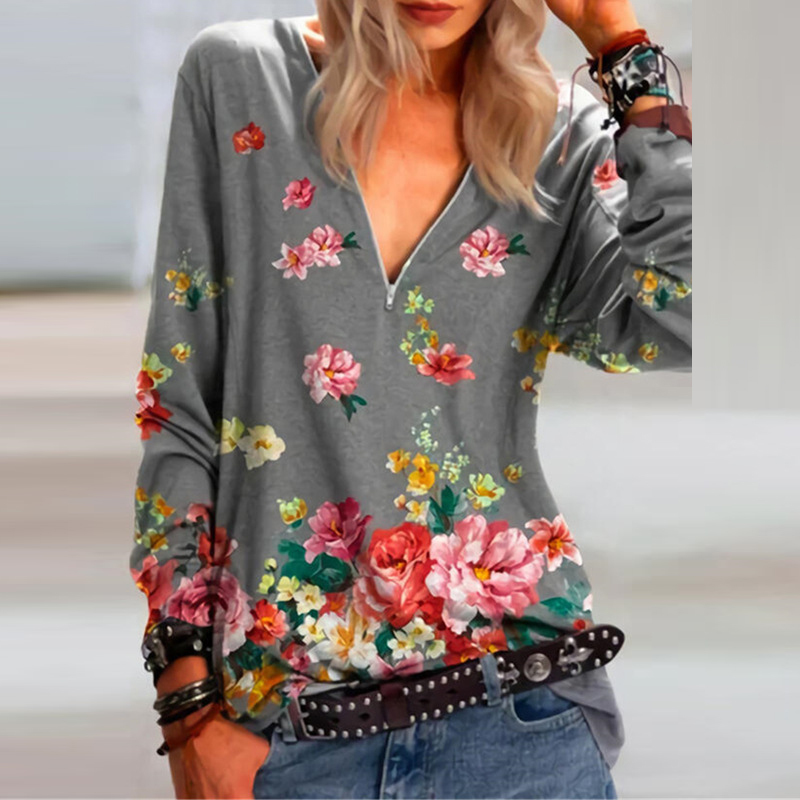 Women T-shirts Sweatshirts Spring Vintage Long Sleeve Shirt Woman Floral Print V Neck Pullover Ladies Casual Shirts Female Tops 210515