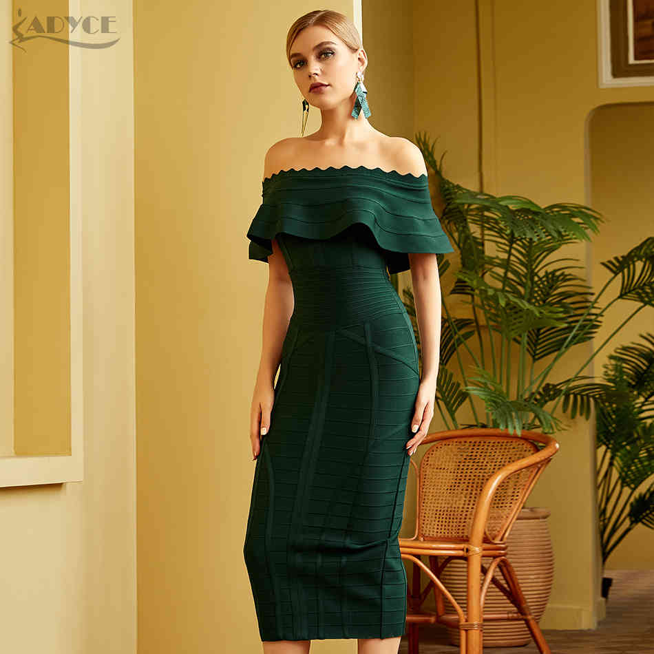Summer Women Green Off Shoulder Bandage Dress Sexy Short Sleeve Midi Club Celebrity Evening Runway Party Dresses 210423